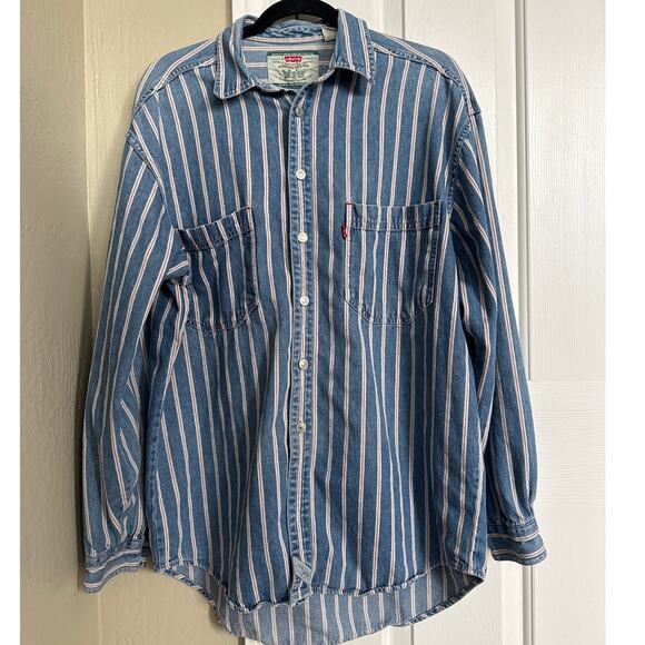 Vintage 90s Y2K Levi's Chambray Denim Railway Striped Button Down Shirt Medium - Picture 1 of 7